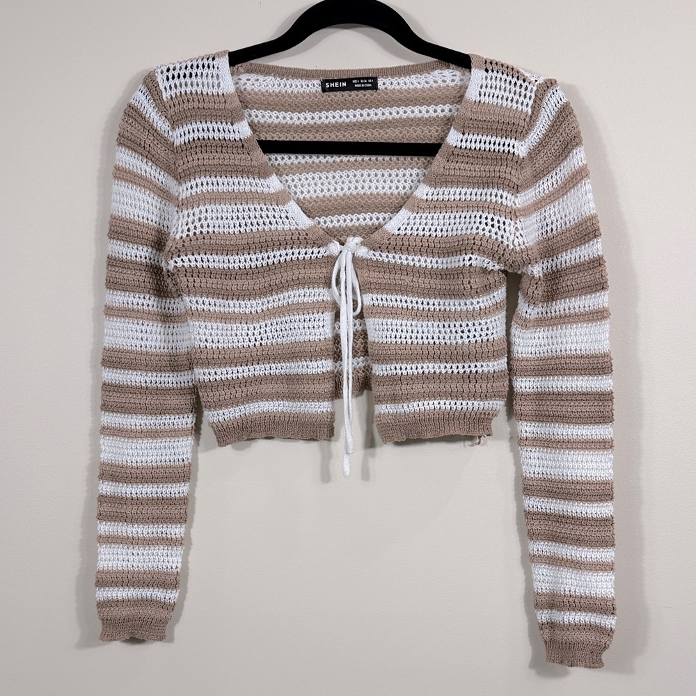 SHEIN Brown White Stripe Beach Longsleeve Kit Sweater Cropped Cover Up Women 4
